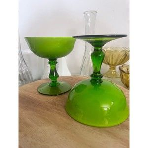 Vintage Set Of 2 Carlo Moretti Lime Green & White Champagne Sherbet Glasses Pair